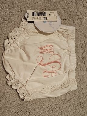 Embroidered White Baby Bloomer with Pink Monogram